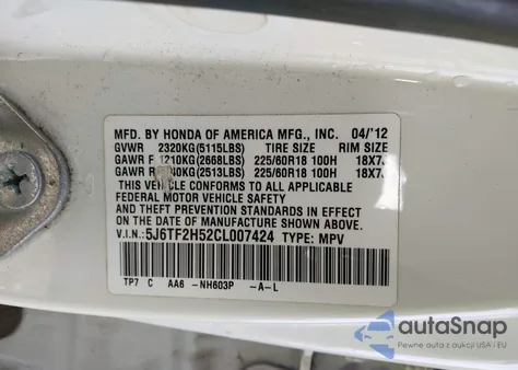 2012 Honda Crosstour Ex-L z USA, uszkodzony, nr VIN 5J6TF2H52CL007424